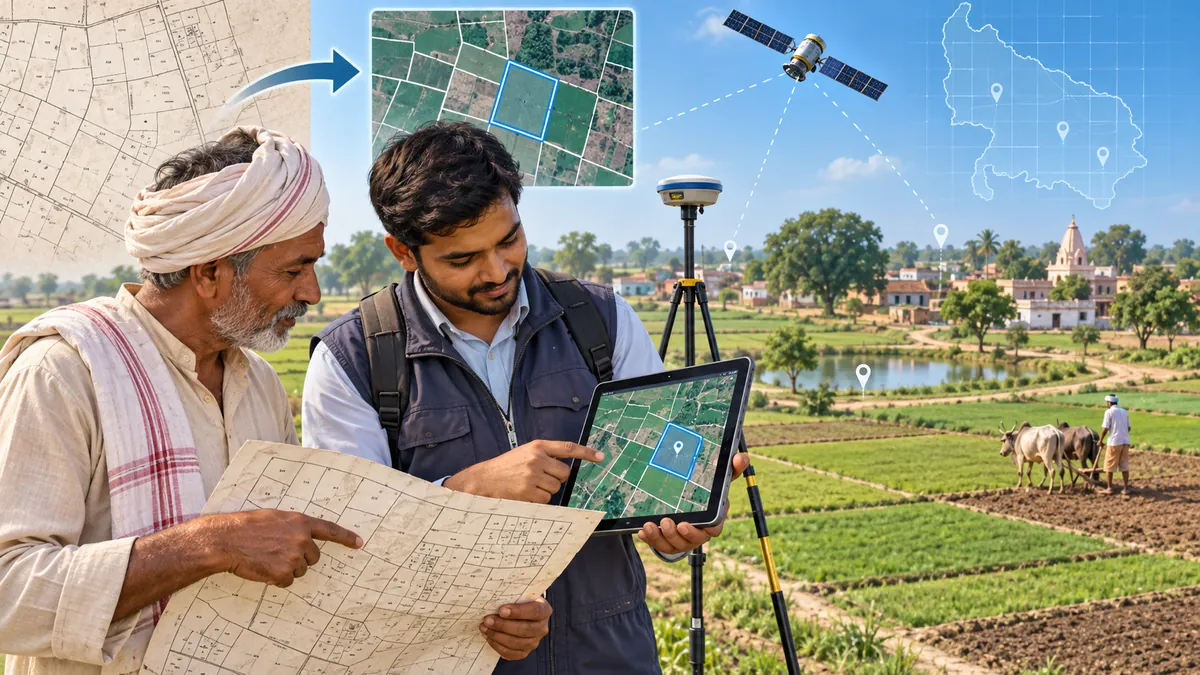 UP गांव का डिजिटाइज और Geo-Referenced भू-नक्शा जांचते किसान और सर्वेक्षक